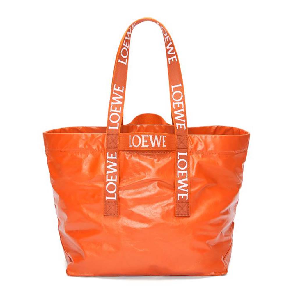 Front view of Loewe Unisex Fold Shopper in Paper Calfskin-Orange