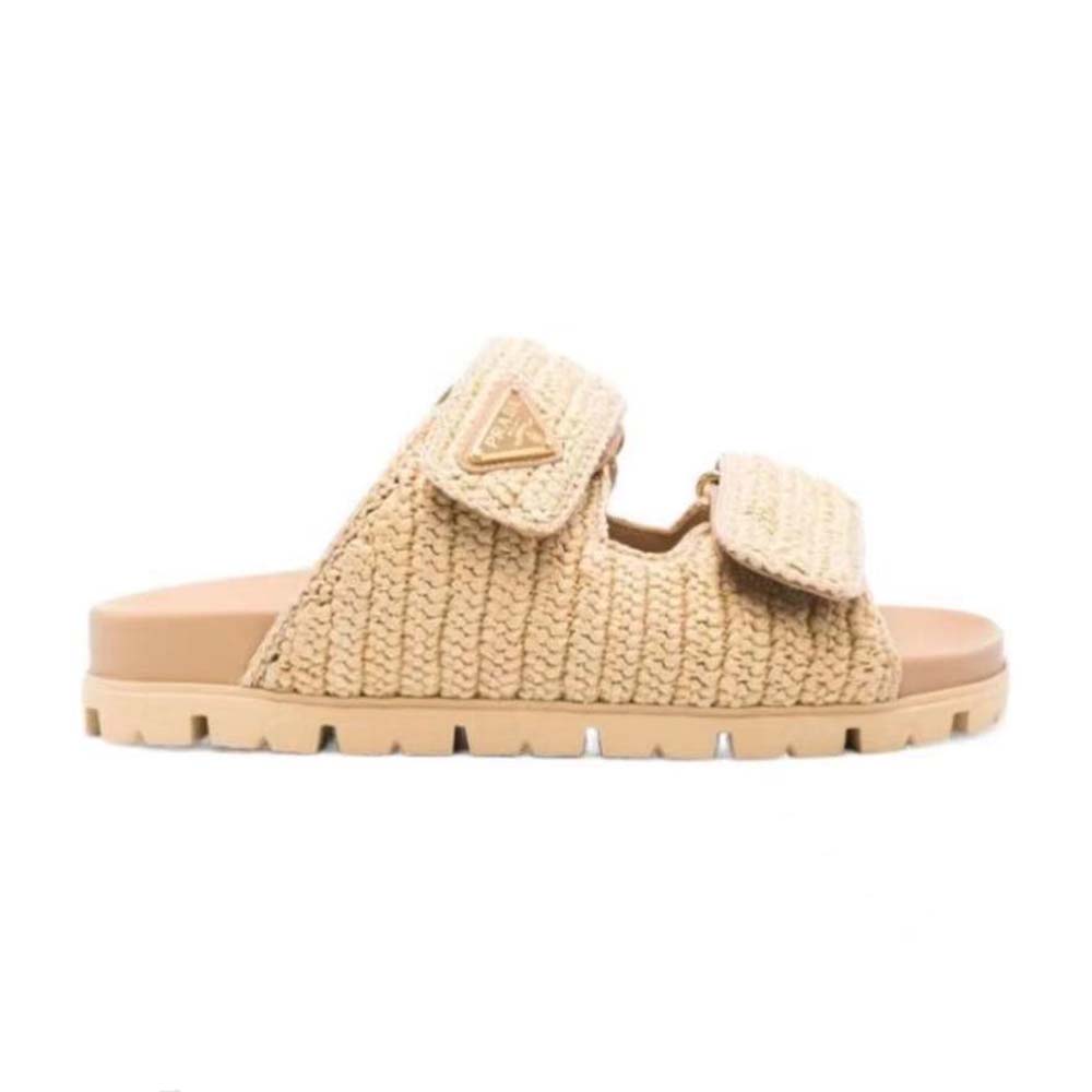 Side profile of Prada Women Crochet Sandals-Beige showing crochet detail