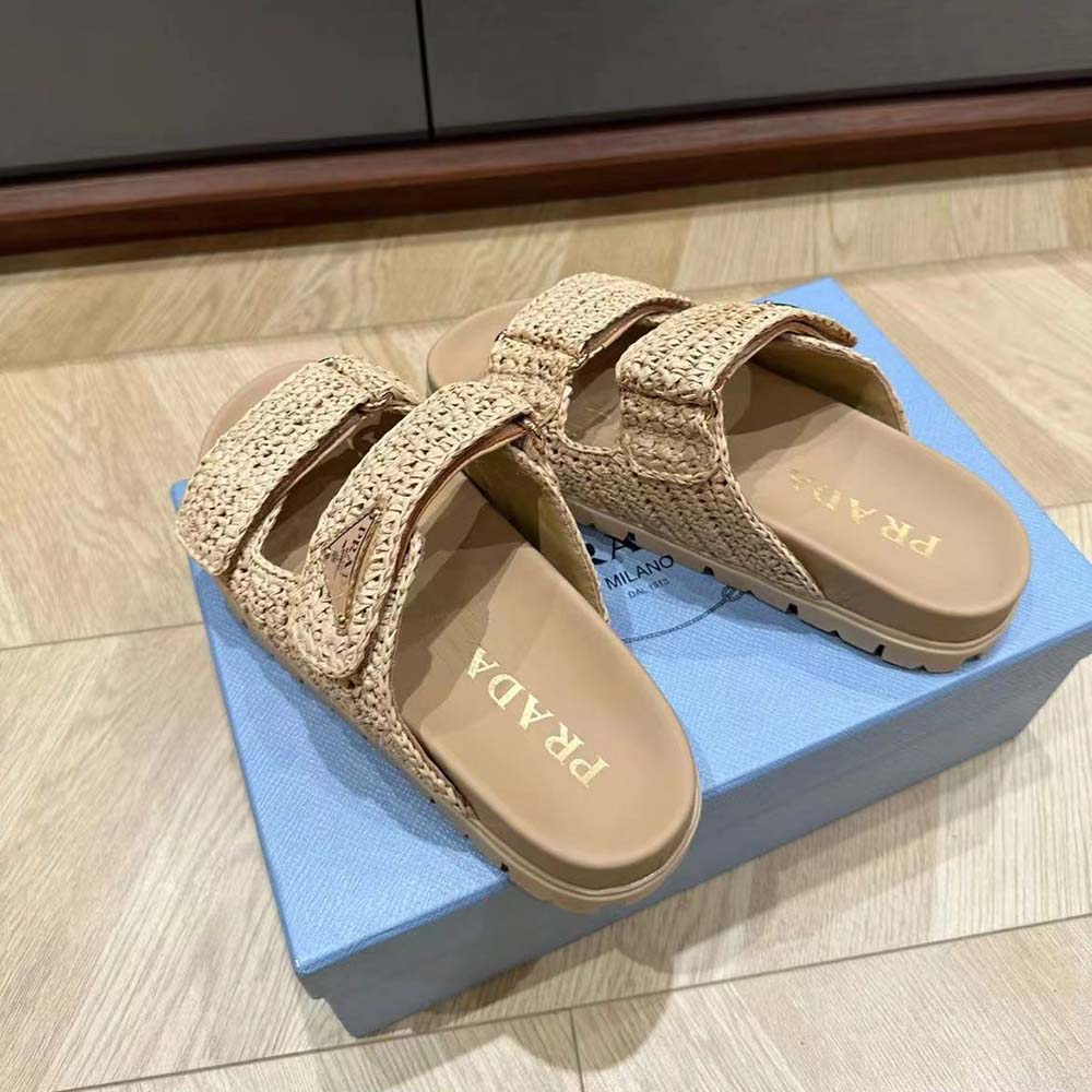 Top-down view highlighting slip-on silhouette of Prada Women Crochet Sandals-Beige