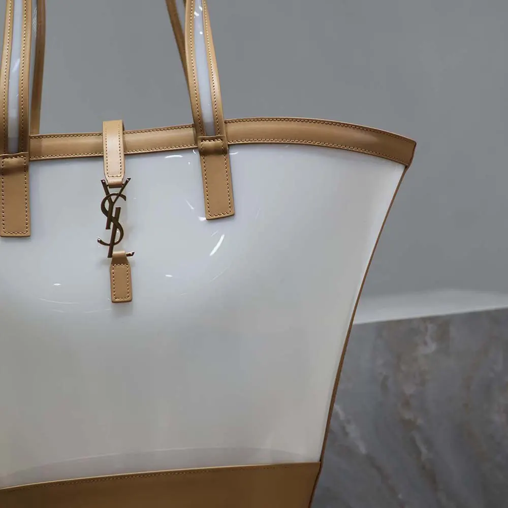 Saint Laurent YSL Women Panier Medium in Vinyl and Vegetable-tanned Leather-Beige - image 6