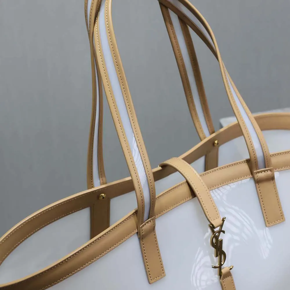 Saint Laurent YSL Women Panier Medium in Vinyl and Vegetable-tanned Leather-Beige - image 8