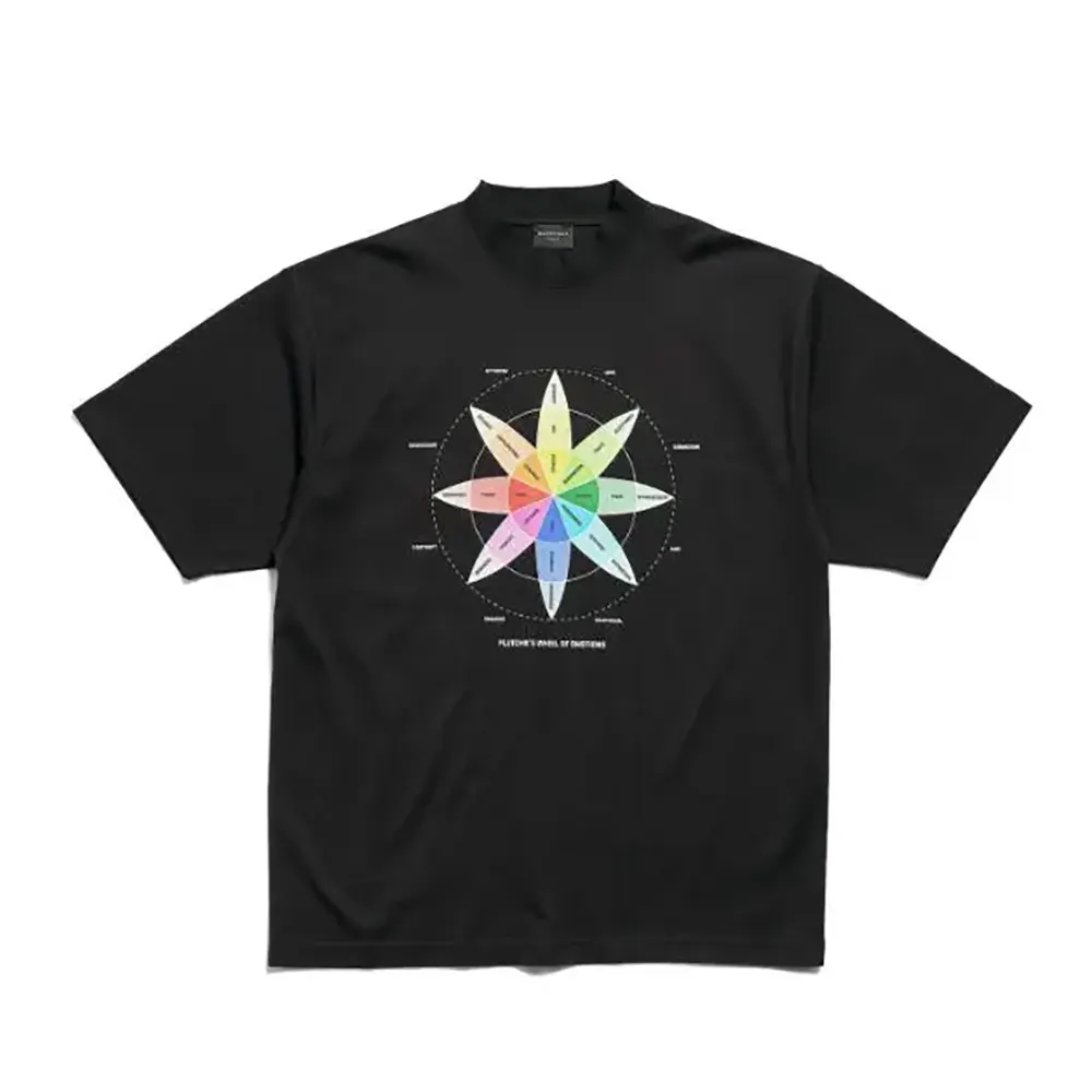 Front view of Balenciaga Women How Do You Feel? T-Shirt Medium Fit in Black Vintage Jersey