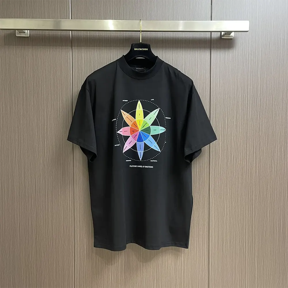 Close-up detail of Balenciaga logo on black vintage jersey T-shirt