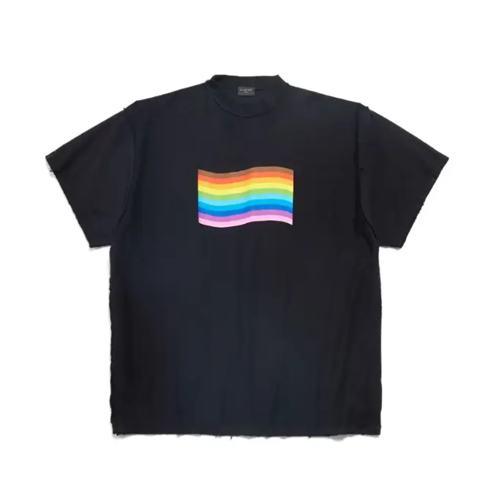 Front view of Balenciaga Women Rainbow Flag Inside-Out T-Shirt in black vintage jersey