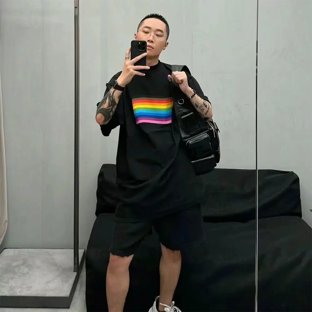 Balenciaga Men Rainbow Flag Inside-Out T-Shirt Oversized in Black Vintage Jersey - image 10