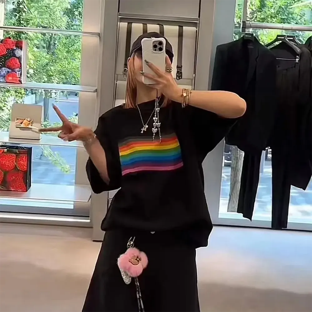 Balenciaga Women Rainbow Flag Inside-Out T-Shirt Oversized in Black Vintage Jersey - image 10