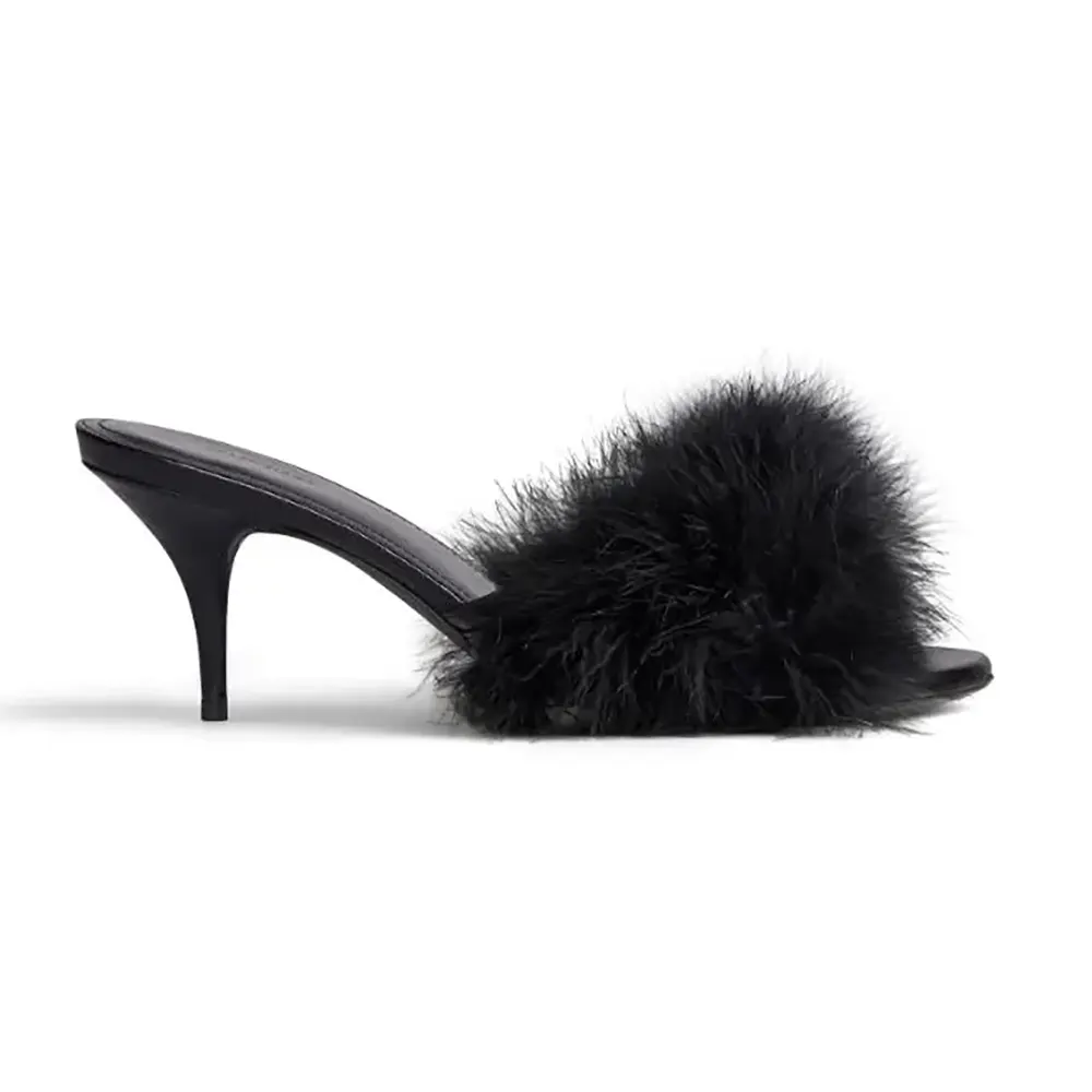 Side view of Balenciaga Women Boudoir 70mm Sandal in Black Feathers