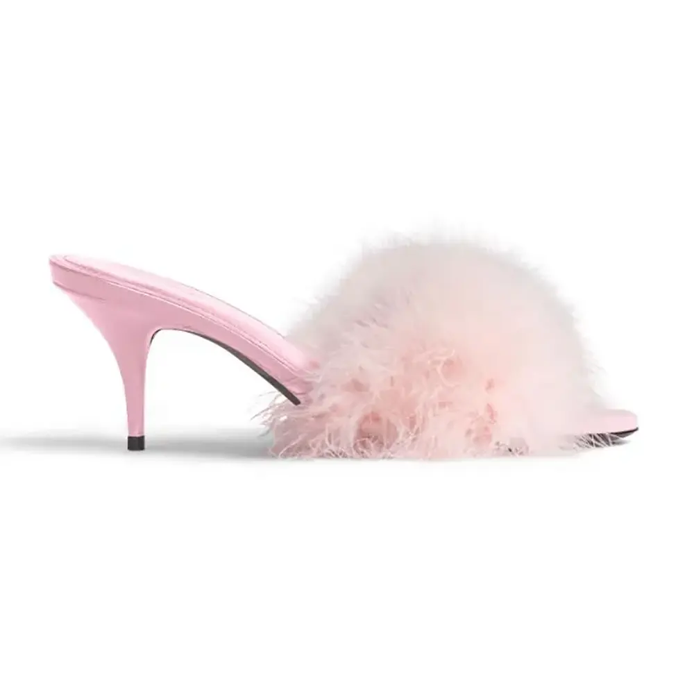 Side profile of Balenciaga Women Boudoir 70mm Sandal in Pink Feathers