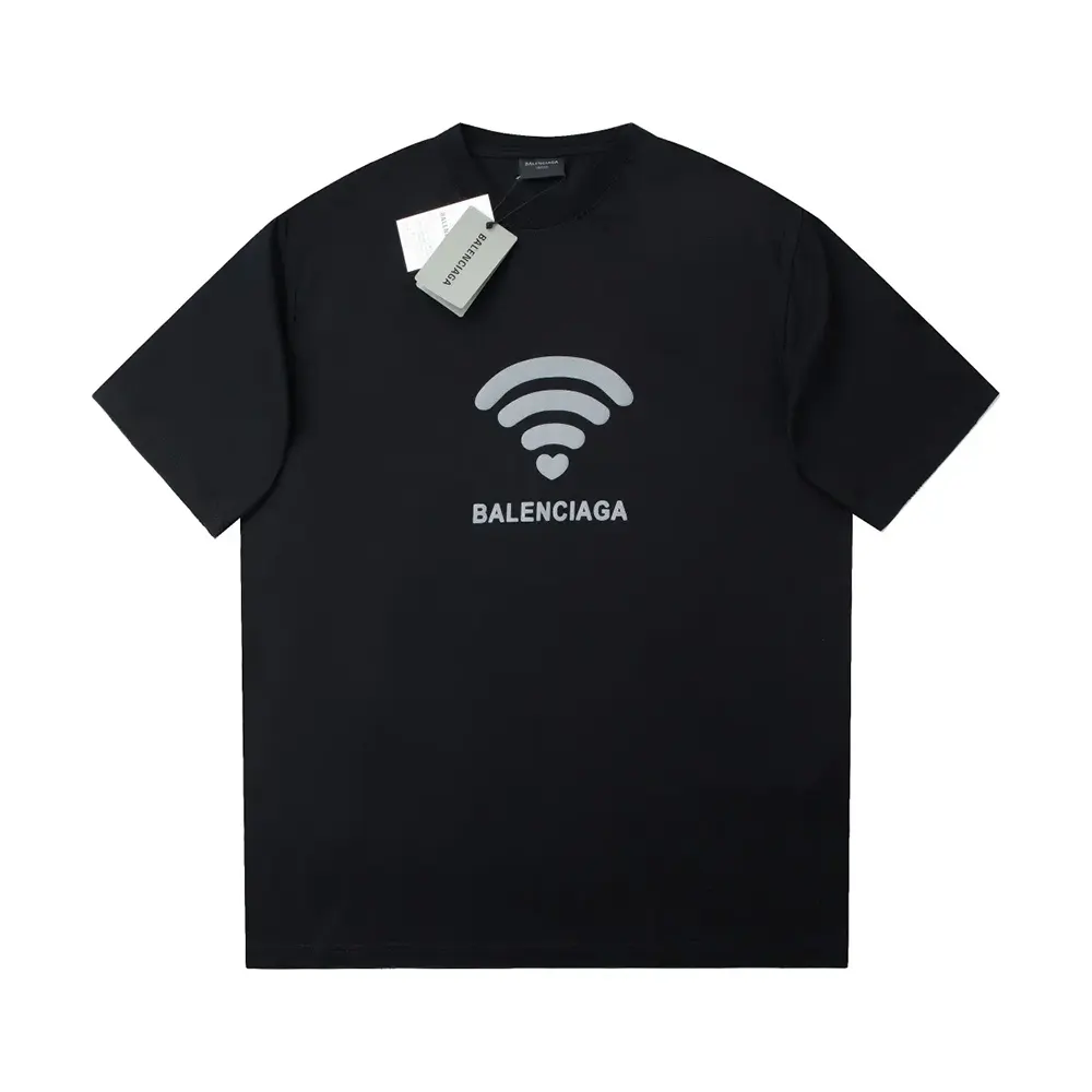 Close-up of Balenciaga Lo_ve logo and fabric texture on the t-shirt