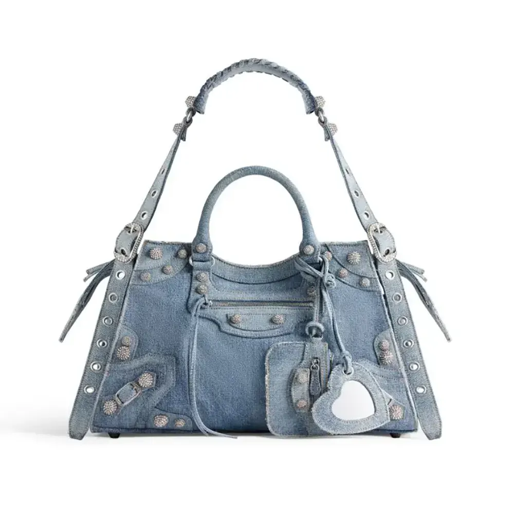 Front angle of Balenciaga Women Neo Cagole City Handbag Denim with Rhinestones in Blue