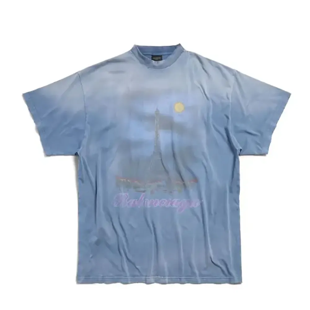 Front view of Balenciaga Men Paris Moon T-Shirt Oversized in blue