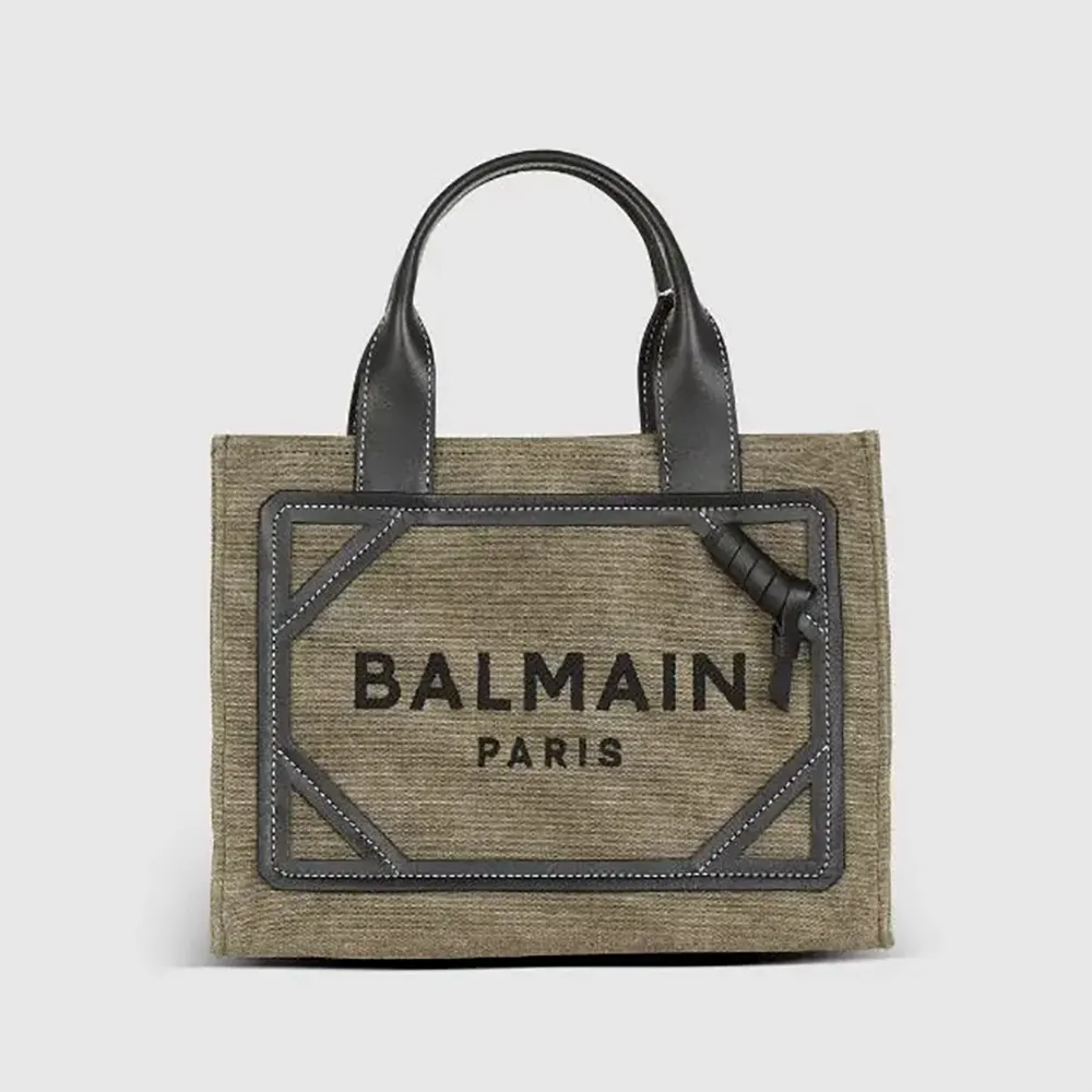 Front view of Balmain Women B-Army Small Canvas Shopping Bag with Leather Inserts