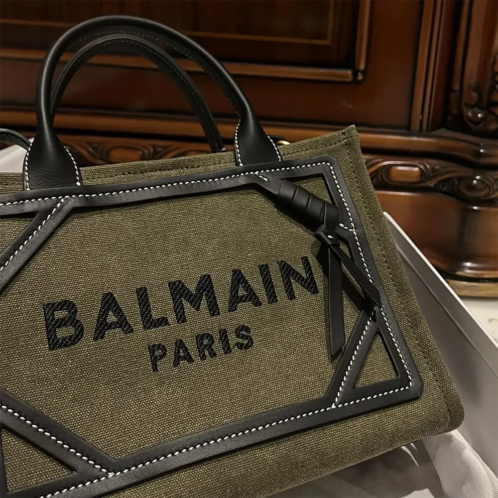 Balmain Women B-Army Small Canvas Shopping Bag with Leather Inserts - image 9