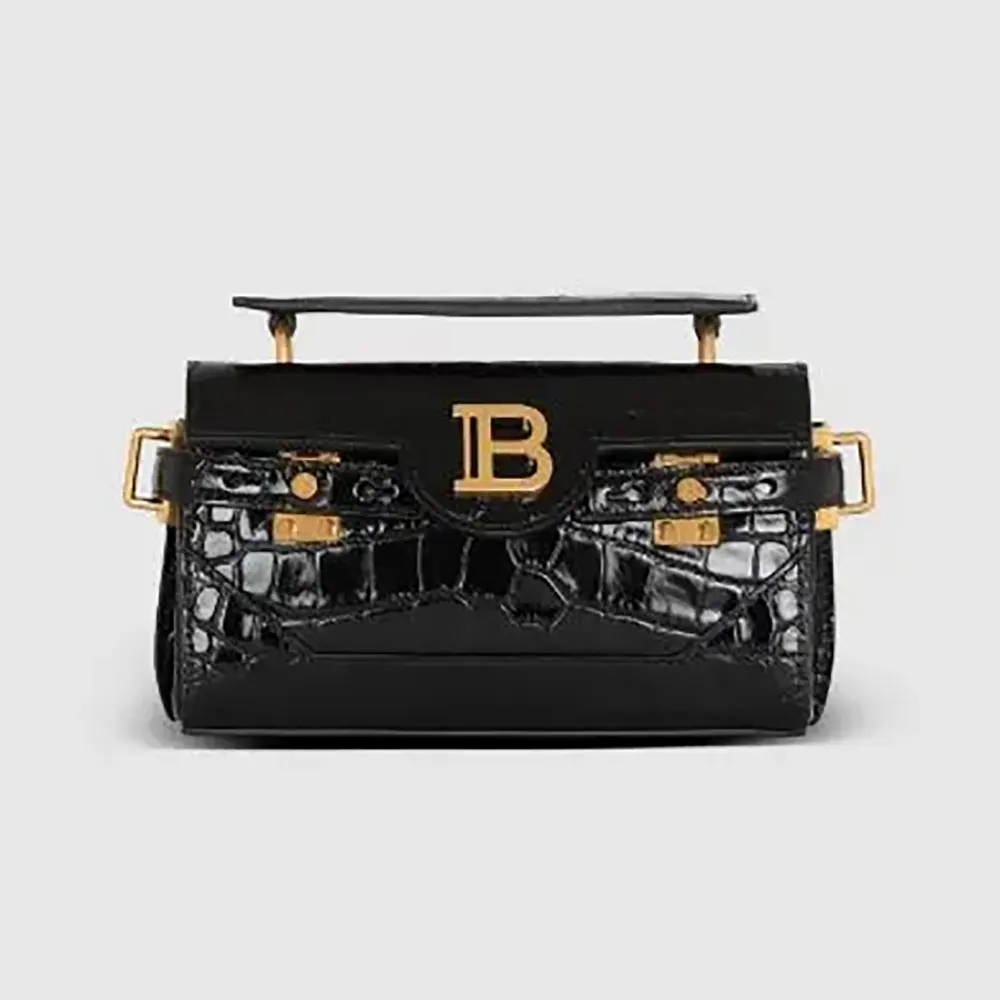 Front view of Balmain Women B-Buzz 19 Bag in black crocodile leather