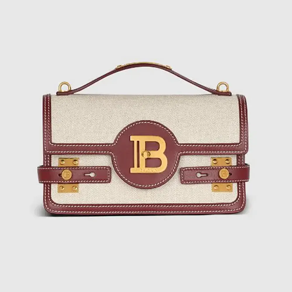 Front view of Balmain Women B Buzz 24 Canvas and Leather Bag beige color