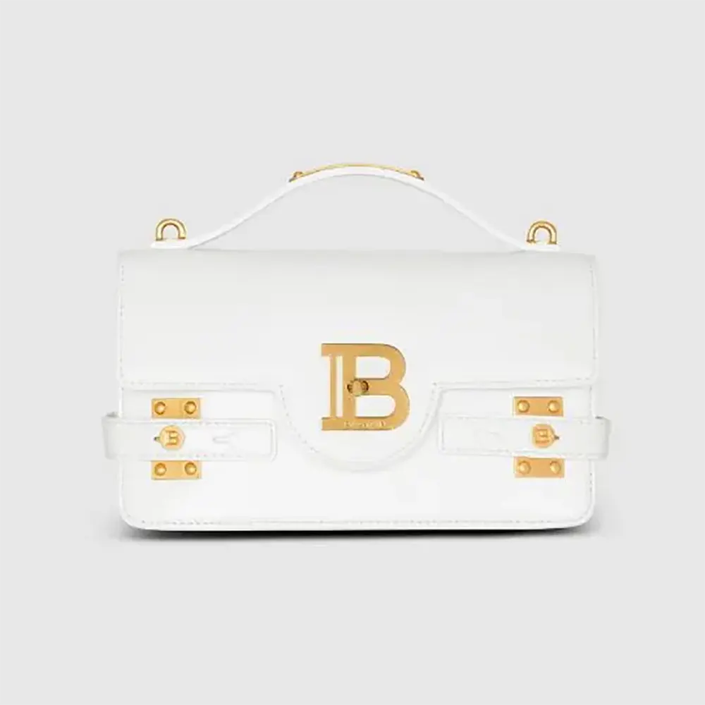 Front view of Balmain Women B-Buzz Shoulder 24 Calfskin Bag-White