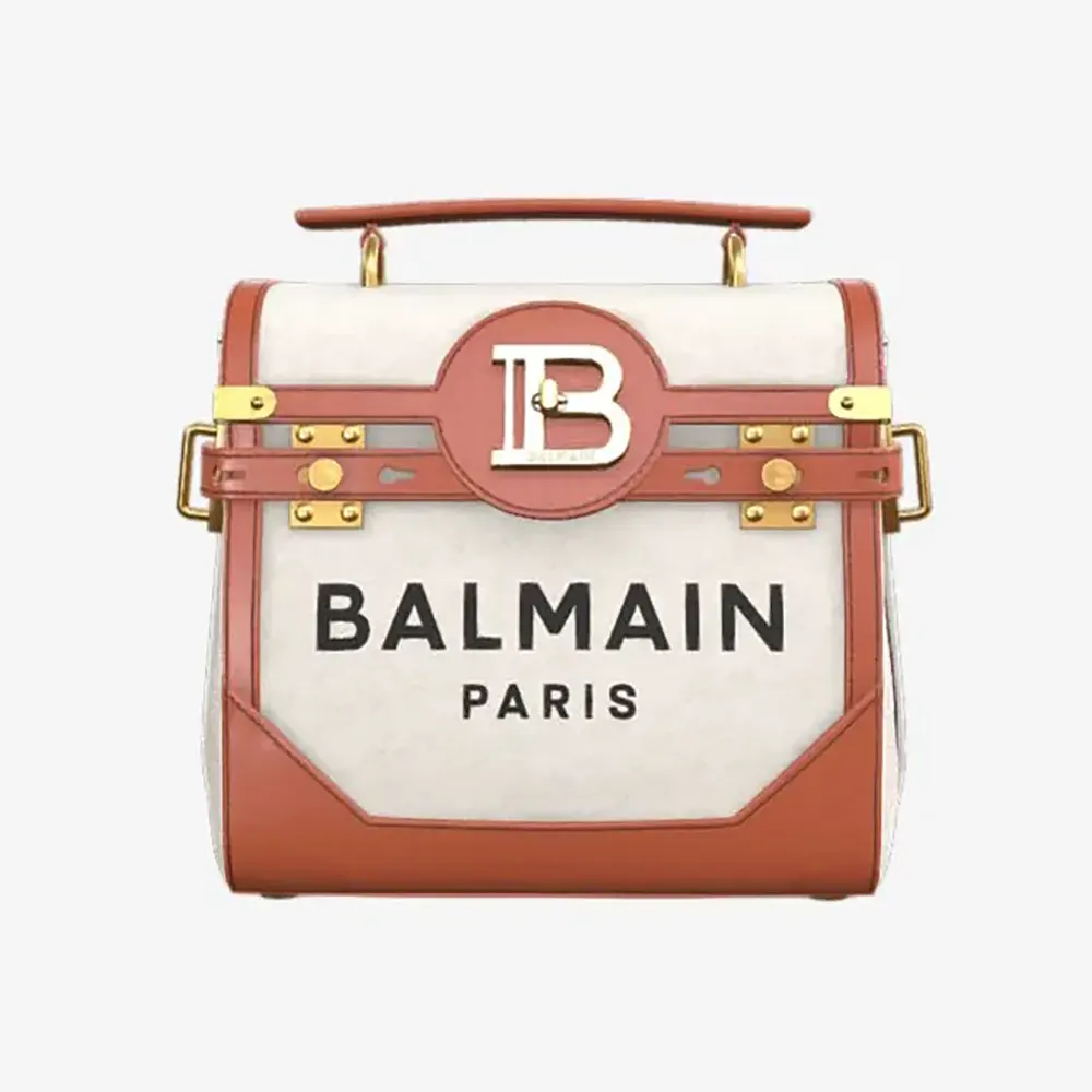 Front view of Balmain Women Bi-material Canvas and Ecru Calfskin B-Buzz Bag