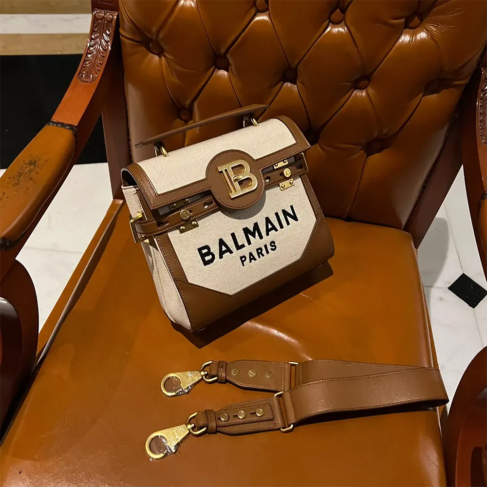Balmain Women Bi-material Canvas and Ecru Calfskin B-Buzz Bag - image 5
