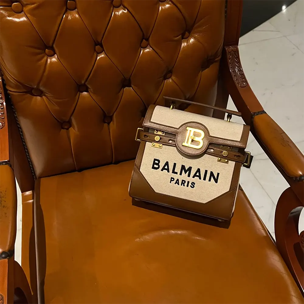 Balmain Women Bi-material Canvas and Ecru Calfskin B-Buzz Bag - image 4
