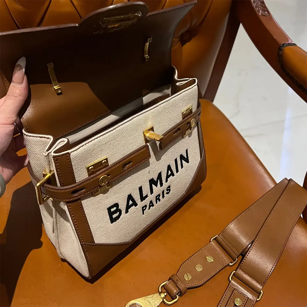 Balmain Women Bi-material Canvas and Ecru Calfskin B-Buzz Bag - image 10