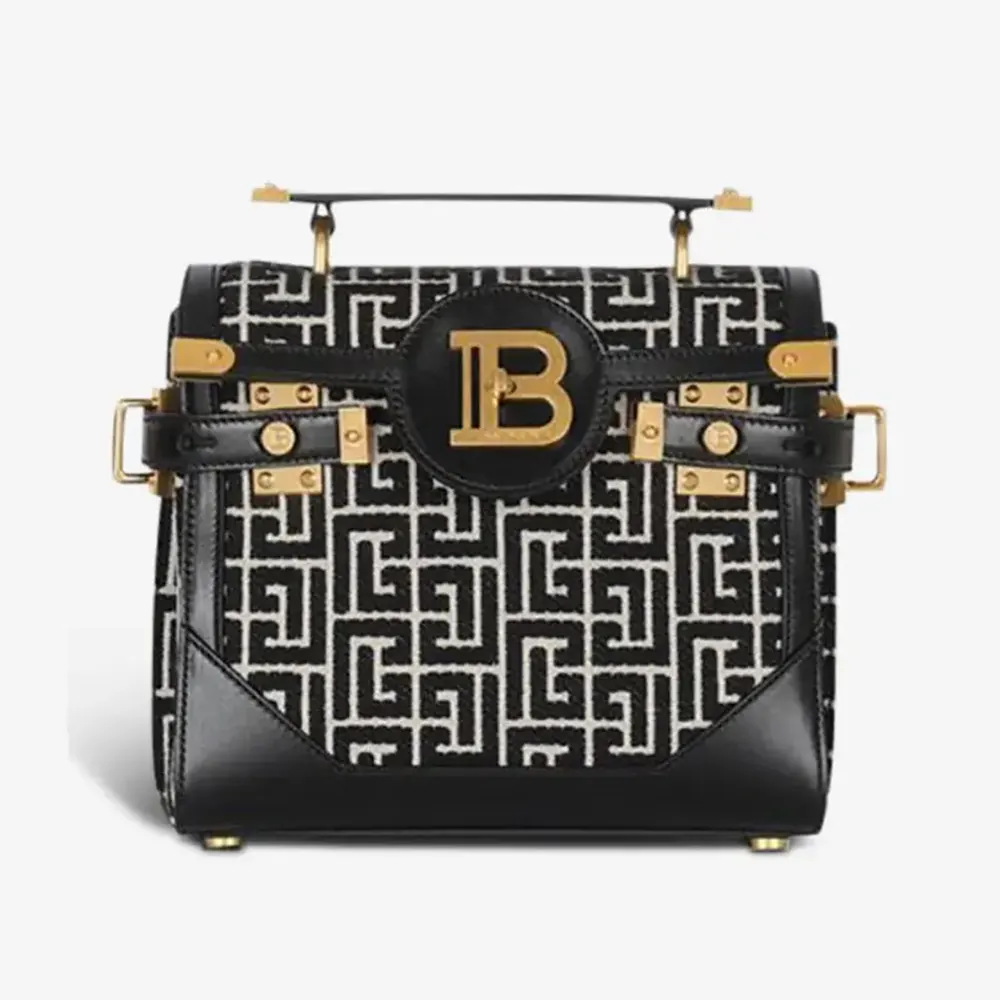 Front view of Balmain Women Bicolor Khaki and Black Calfskin Jacquard B-Buzz Bag