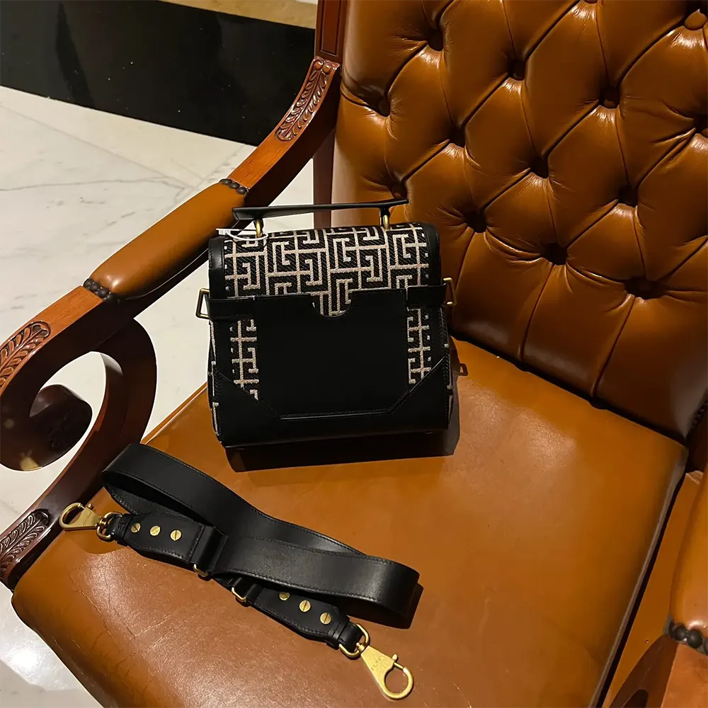 Balmain Women Bicolor Khaki and Black Calfskin Jacquard B-Buzz Bag - image 4