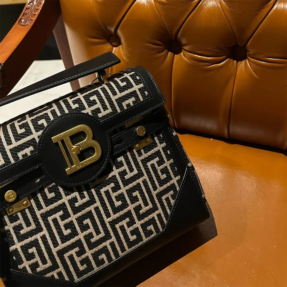 Balmain Women Bicolor Khaki and Black Calfskin Jacquard B-Buzz Bag - image 6