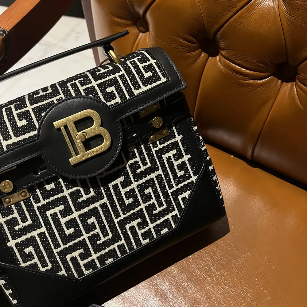 Balmain Women Bicolor Khaki and Black Calfskin Jacquard B-Buzz Bag - image 8