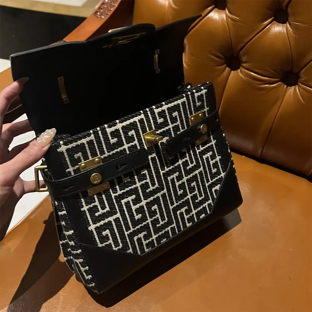 Balmain Women Bicolor Khaki and Black Calfskin Jacquard B-Buzz Bag - image 7