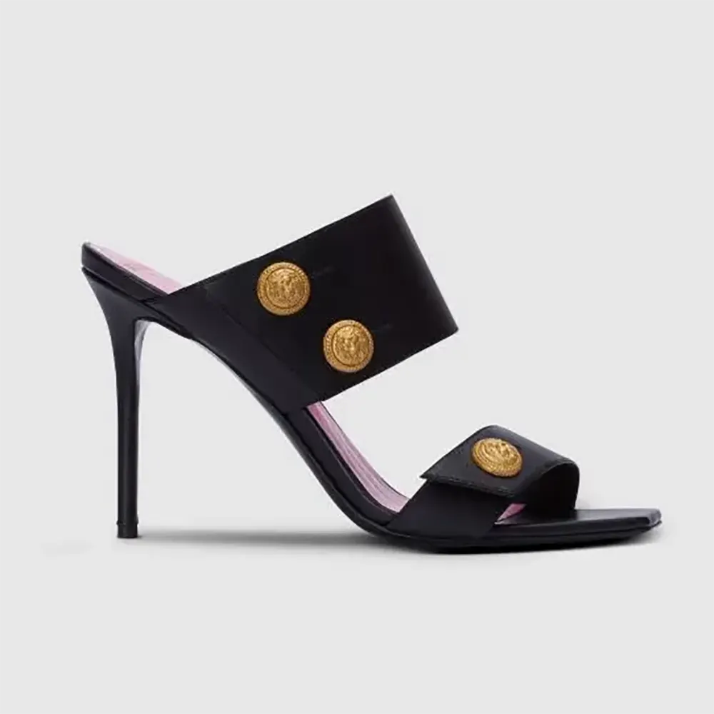 Side view of Balmain Women Heeled Eva Mules in black calfskin