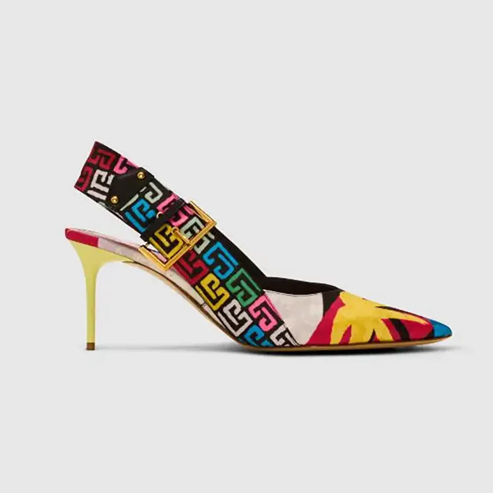 Side profile of Balmain Women Heeled Ruby Slingbacks in Printed Satin black