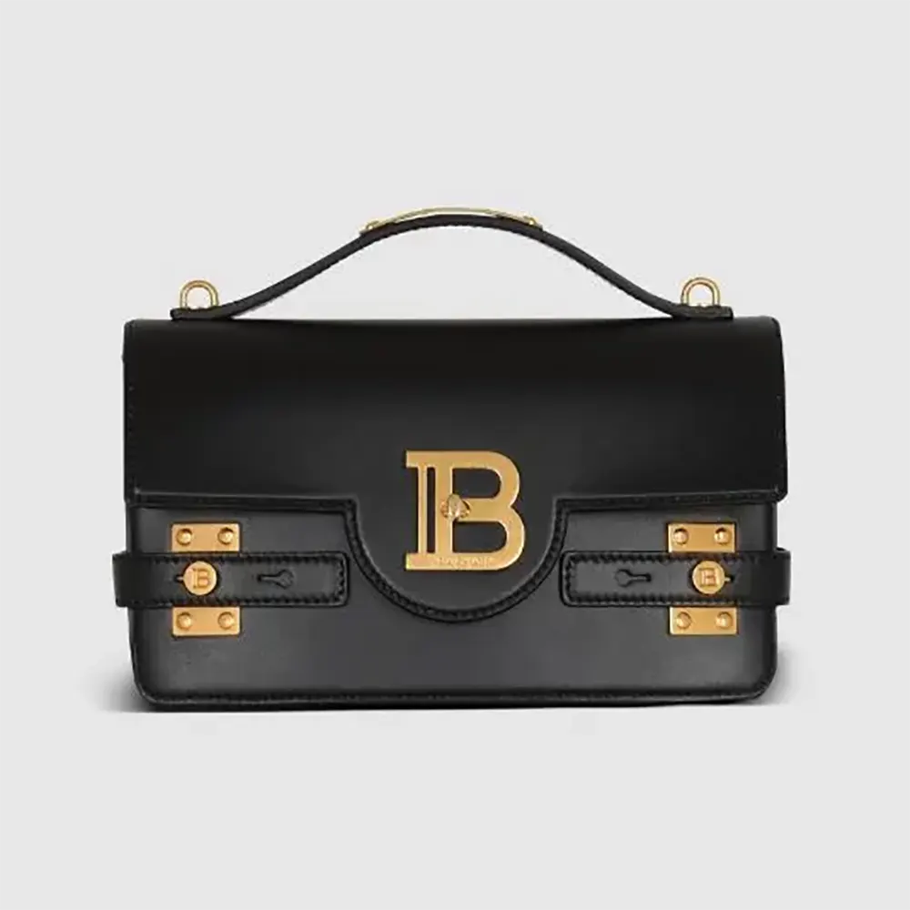 Front view of Balmain Women Smooth Leather B-Buzz 24 Bag-Black with gold hardware