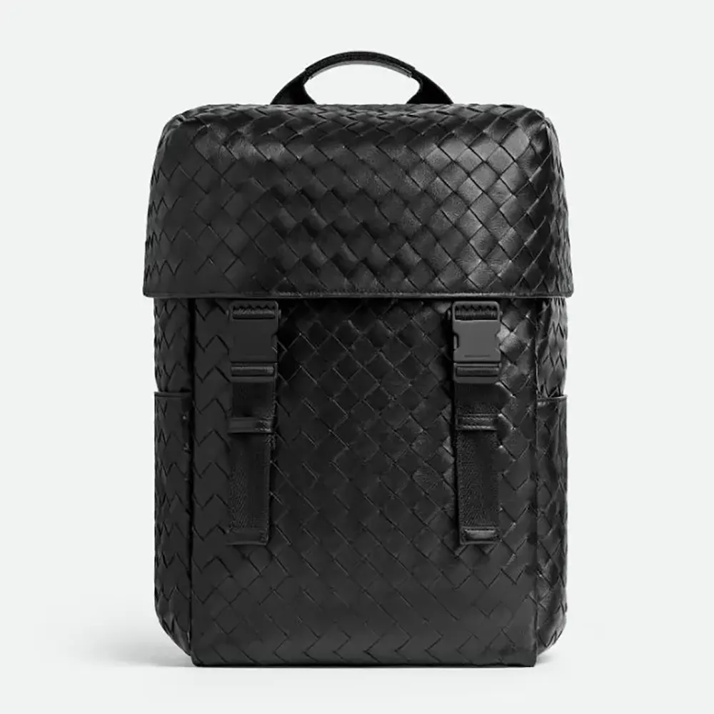 Front view of Bottega Veneta Unisex Intrecciato Flap Backpack-Black showing woven leather