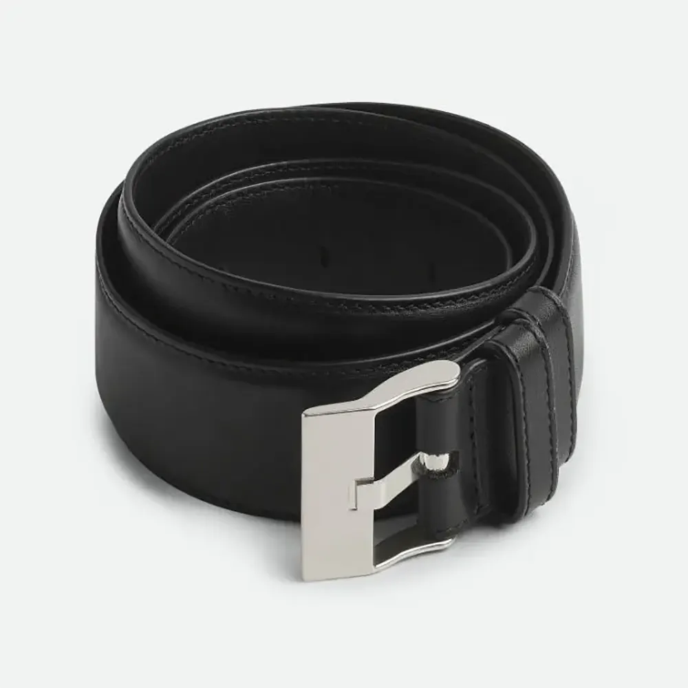 Front view of Bottega Veneta Unisex Smooth Calfskin Leather Belt-Black