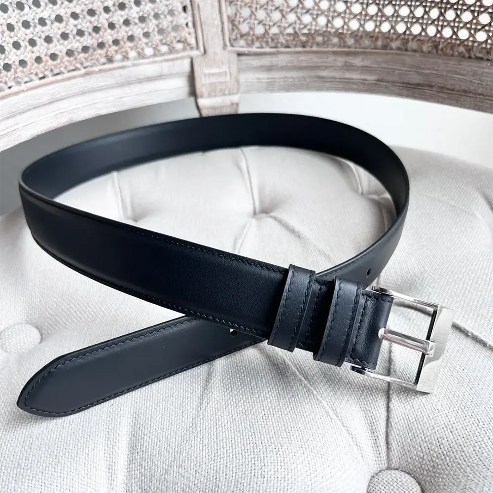 Side angle showing smooth calfskin texture of Bottega Veneta belt