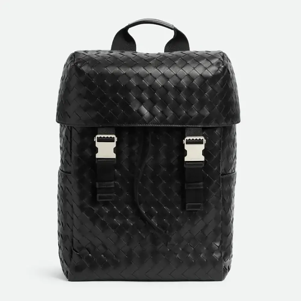 Front angle of Bottega Veneta Unisex Intrecciato Flap Backpack-Black