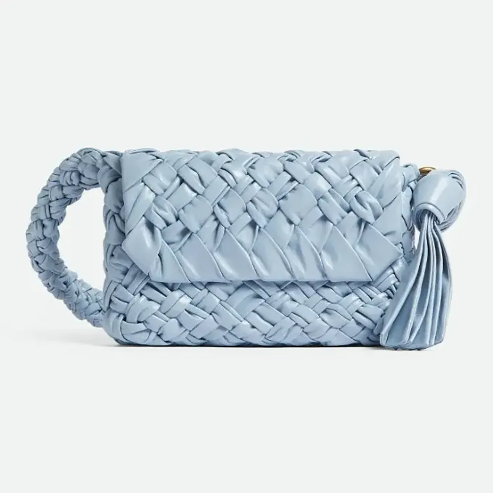 Front view of Bottega Veneta Women Kalimero Città blue leather shoulder bag