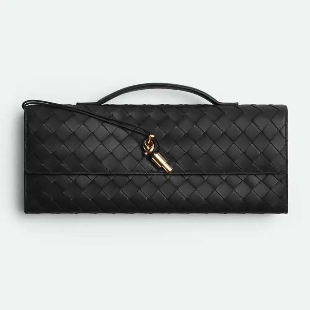Front view of Bottega Veneta Women Long Clutch Andiamo With Handle-Black