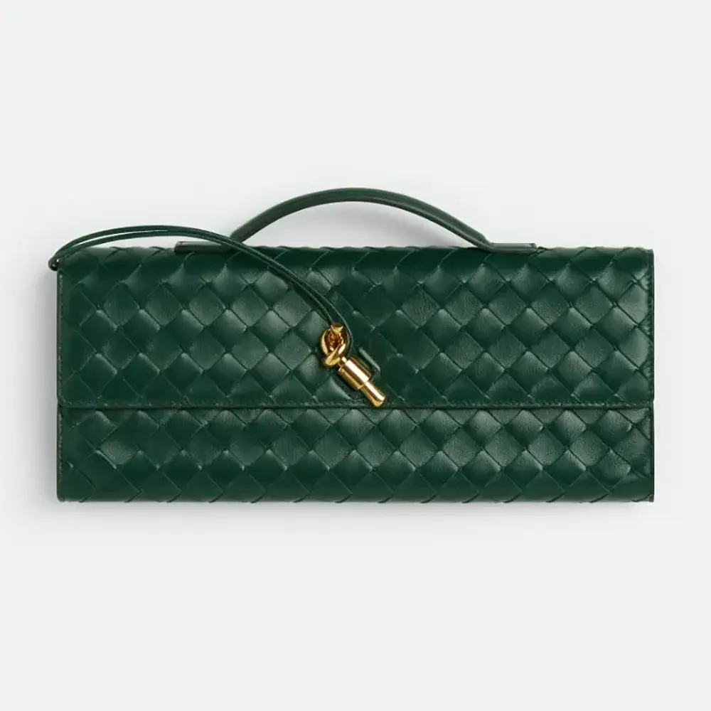 Front view of Bottega Veneta Women Long Clutch Andiamo Emerald Green