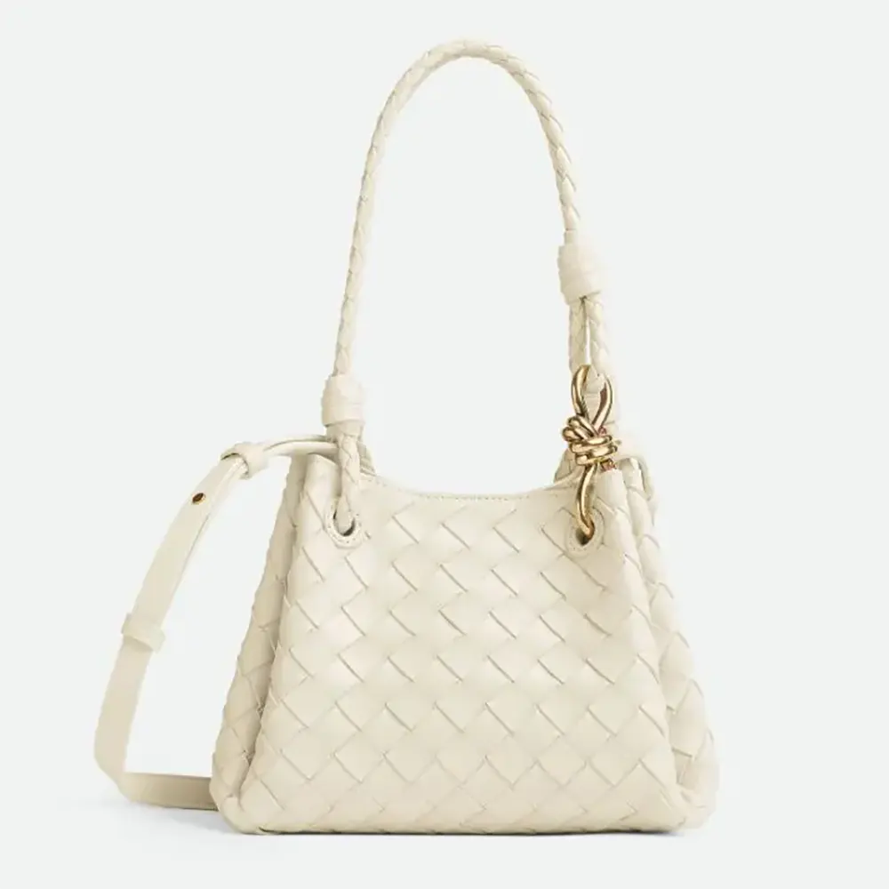 Front view of Bottega Veneta Women Small Andiamo Parachute-White shoulder bag