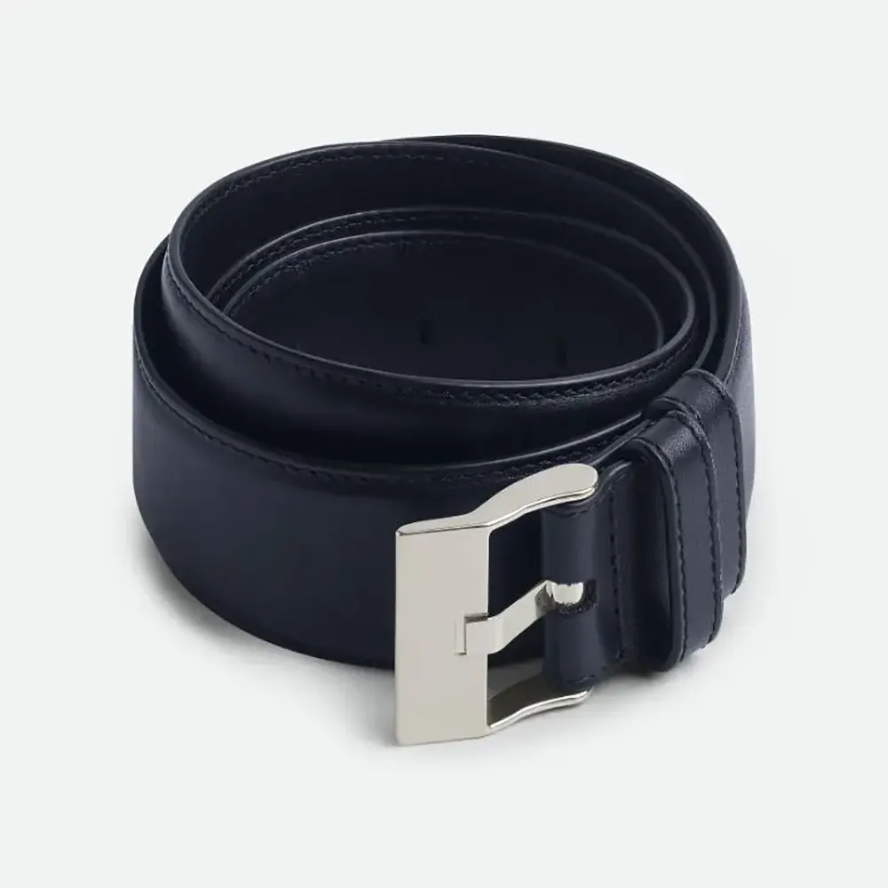 Front view of Bottega Veneta Unisex Smooth Calfskin Leather Belt-Navy
