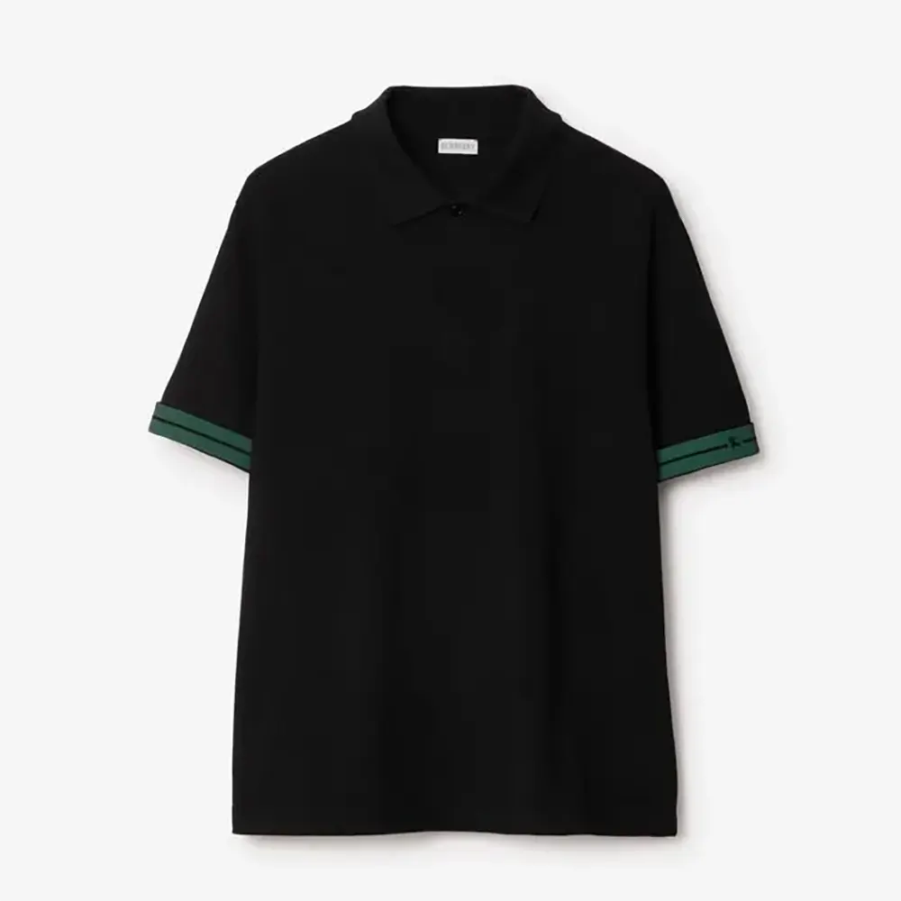 Front view of Burberry Men Cotton Polo Shirt-Black with button closure