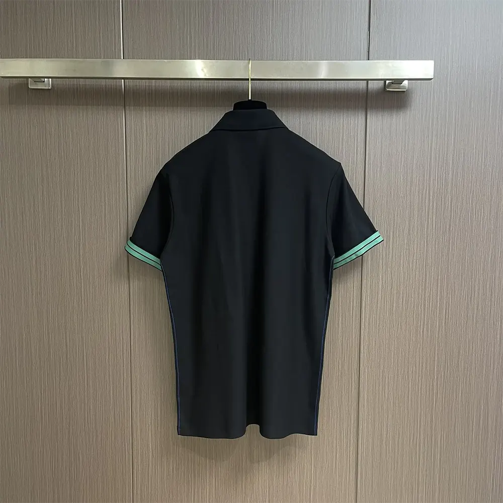 Side angle showing tailored fit of Burberry Men Cotton Polo Shirt-Black