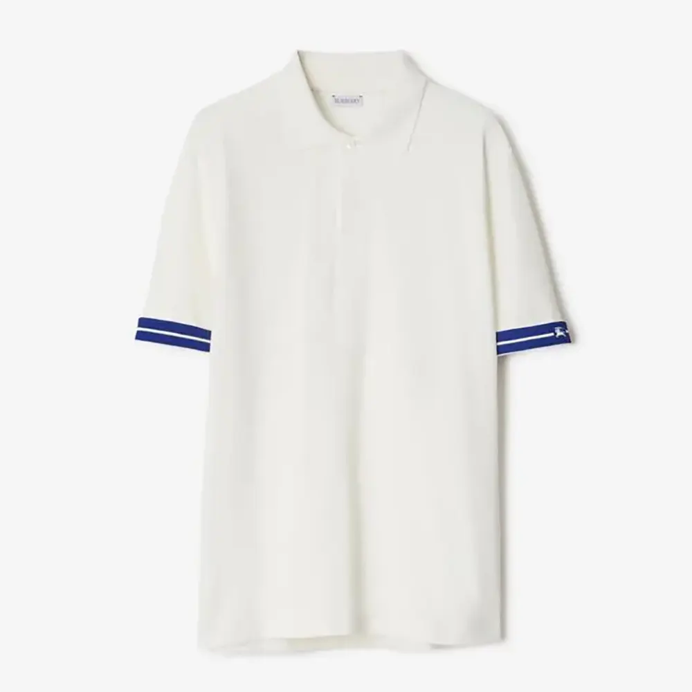 Front view of Burberry Men Cotton Polo Shirt-White showing button closure