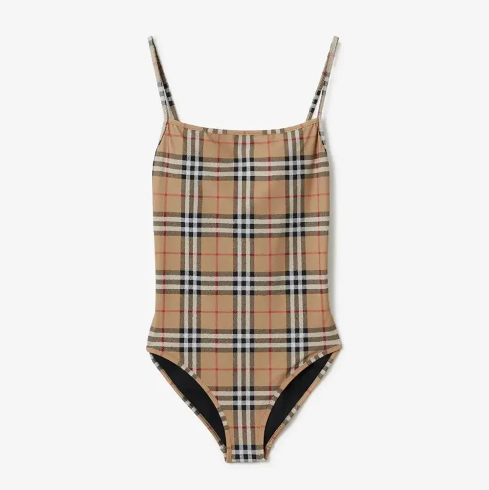Front view of Burberry Women Check Swimsuit in brown check