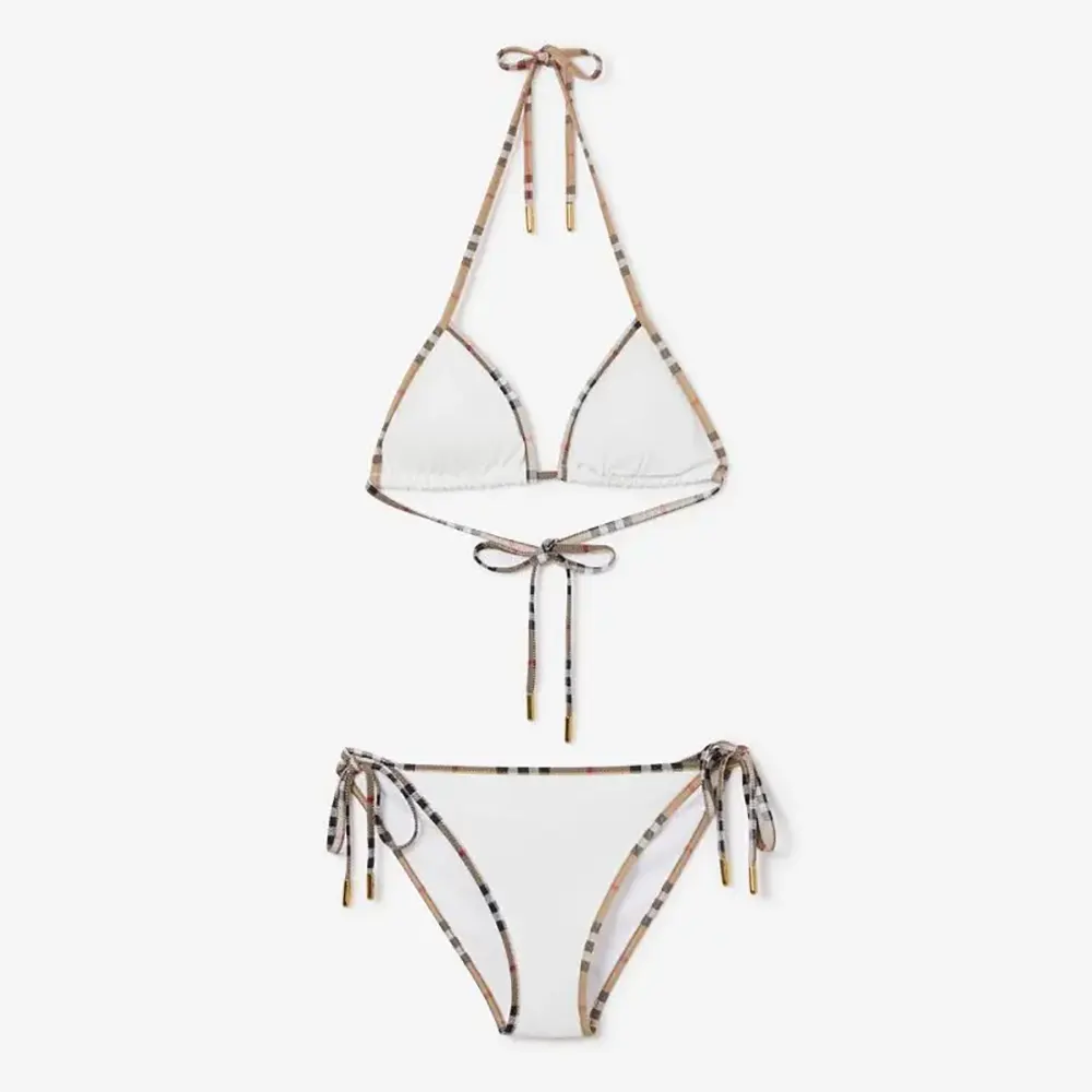 Front view of Burberry Women Check Trim Bikini-White showcasing signature check trim