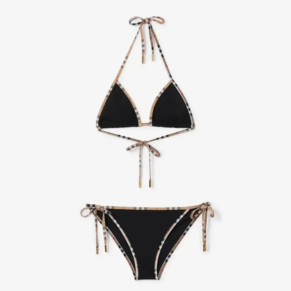 Front view of Burberry Women Check Trim Triangle Bikini-Black