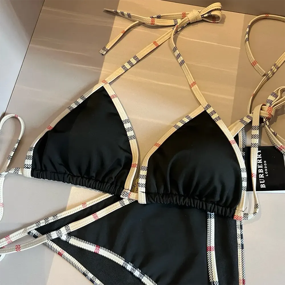 Side angle showing adjustable straps on Burberry Women Check Trim Triangle Bikini-Black