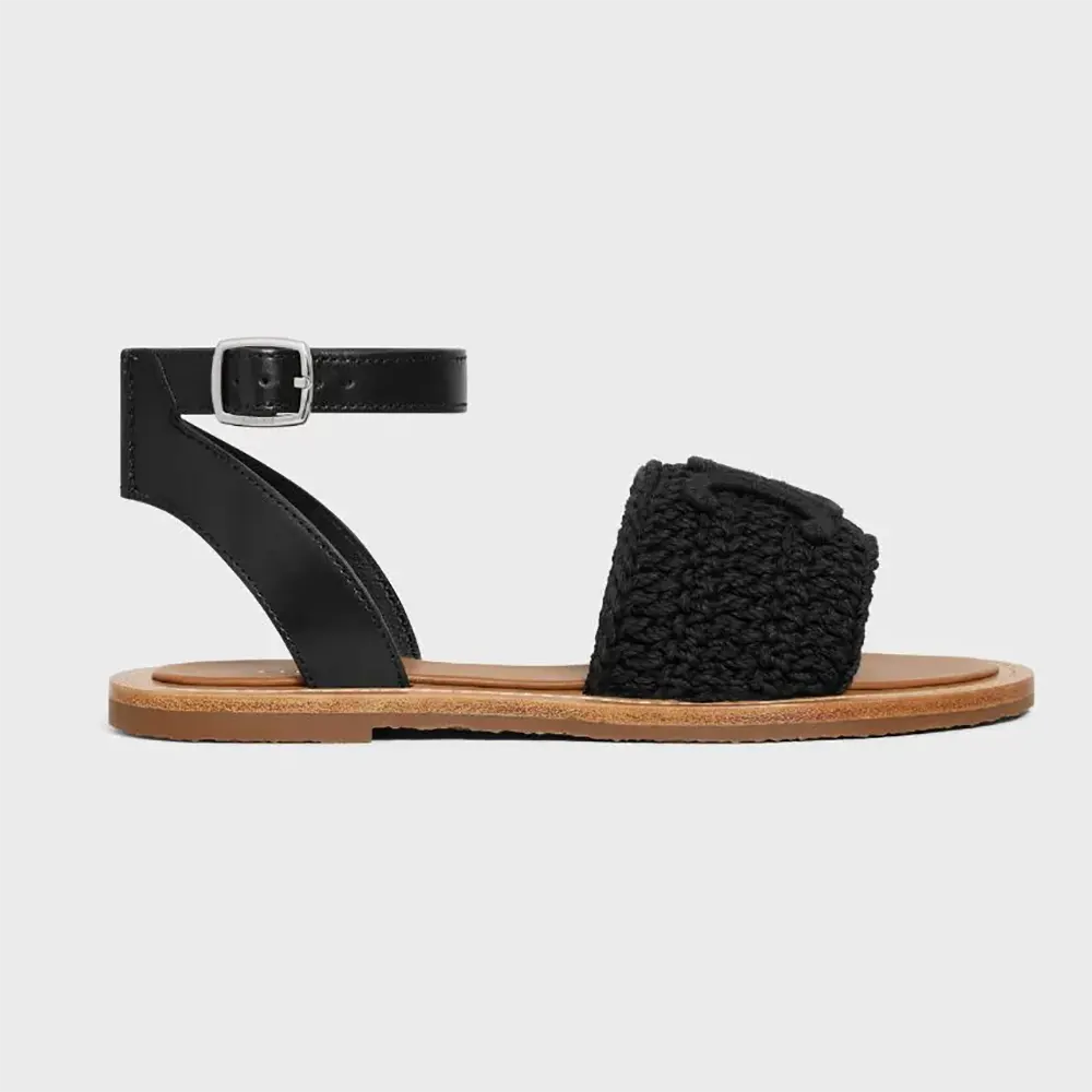 Side view of Celine Women Lympia Sandal in black macramé cotton and calfskin