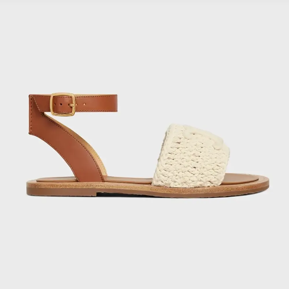 Side view of Celine Women Lympia Sandal in Triomphe Macramé Cotton & Calfskin-White